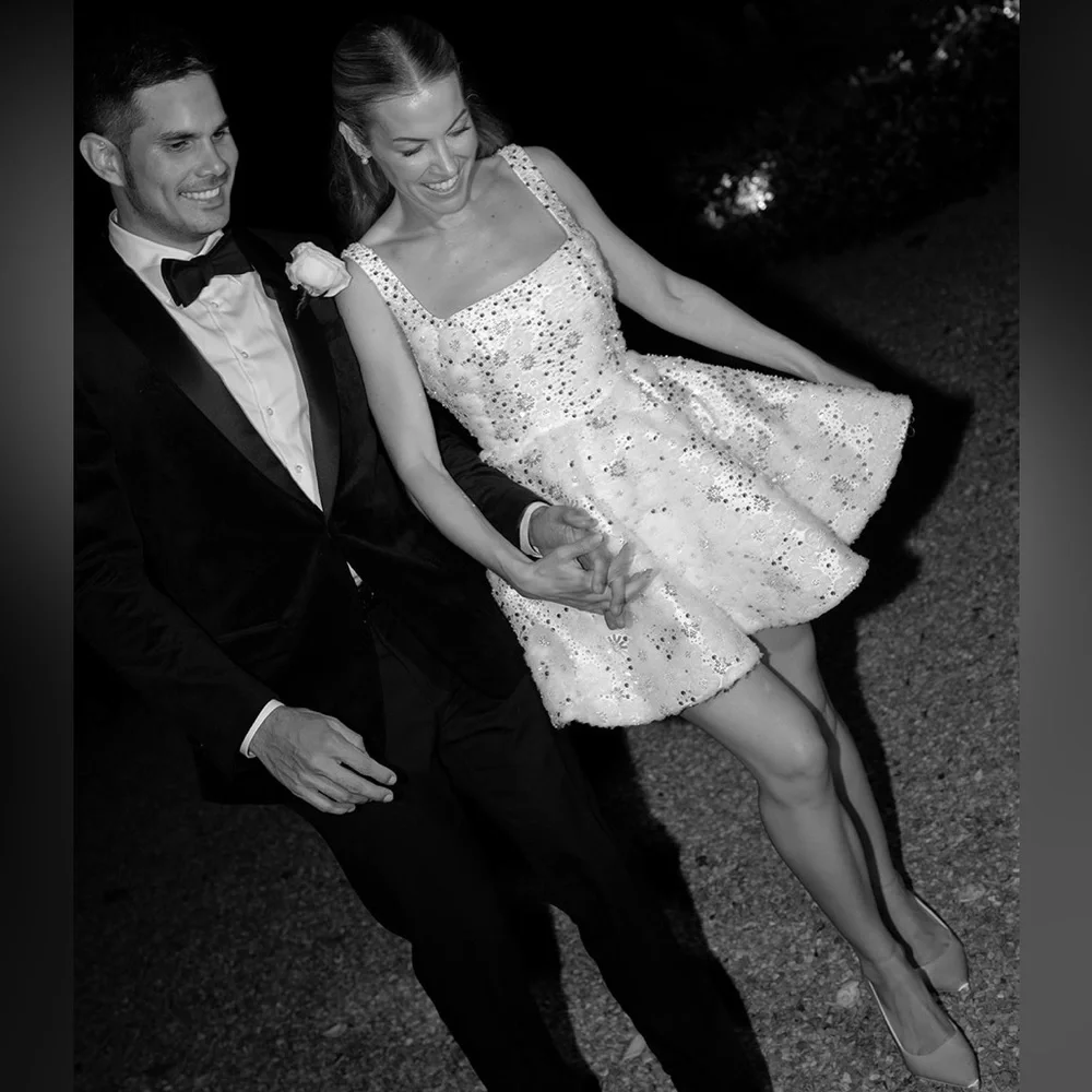 Sexy square-neck sequin beaded bridal mini dress with train and gloves - Picture 4 of 11